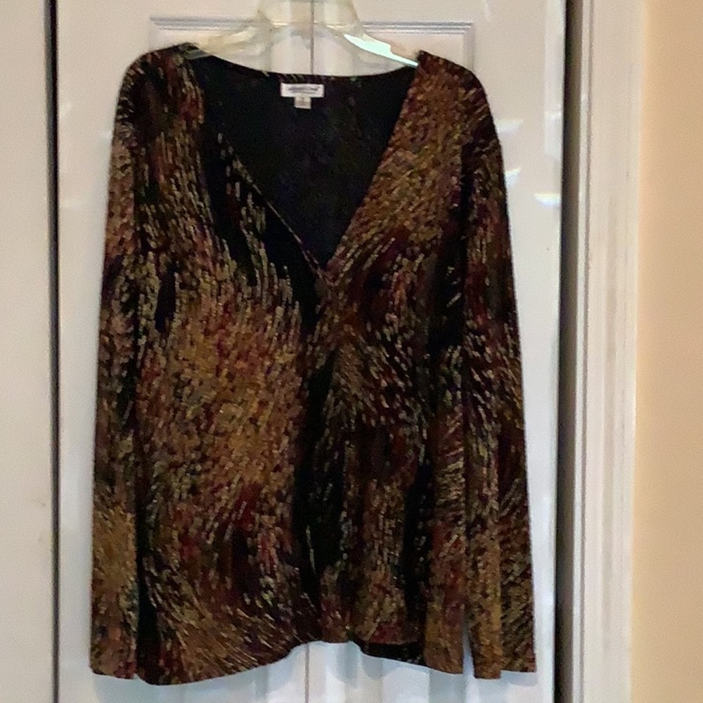 Metallic Abstract Print V-Neck Jacket/cover-up - Black, Gold, Brown2X